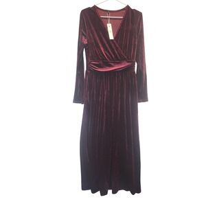 OUGES Women Burgundy Velvet Maxi Dress Long Sleeve Wrap V-Neck Formal Gown L NWT